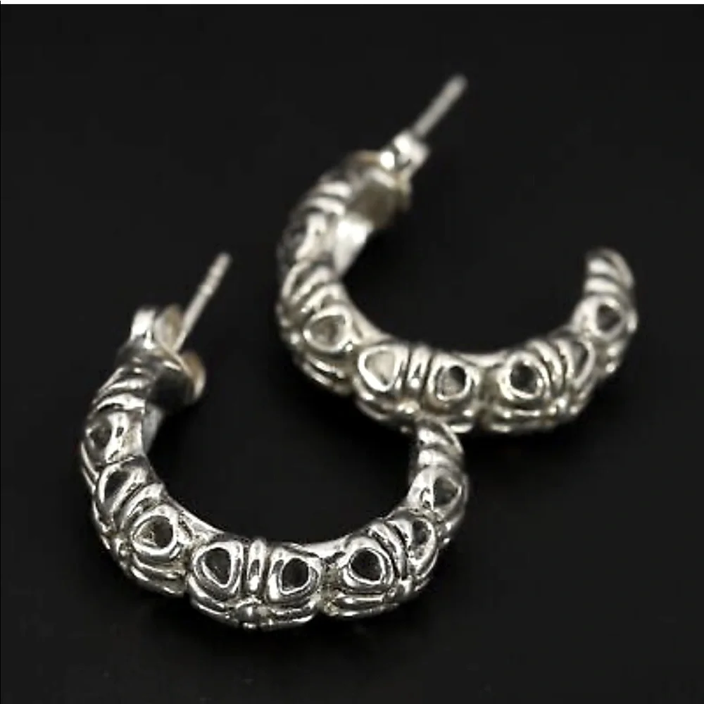 Sterling Silver - Flower Floral J-Hoop Post Earrings - 7g - Picture 1 of 4